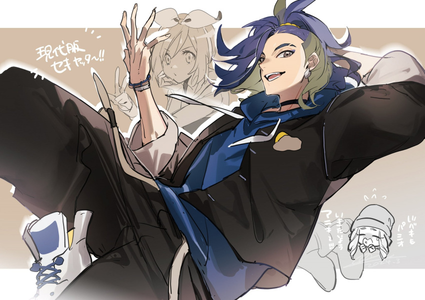1girl, 2boys, adaman_(pokemon), adaman_(special_costume)_(pokemon), arm_behind_head, black_choker, blue_hair, blue_hoodie
