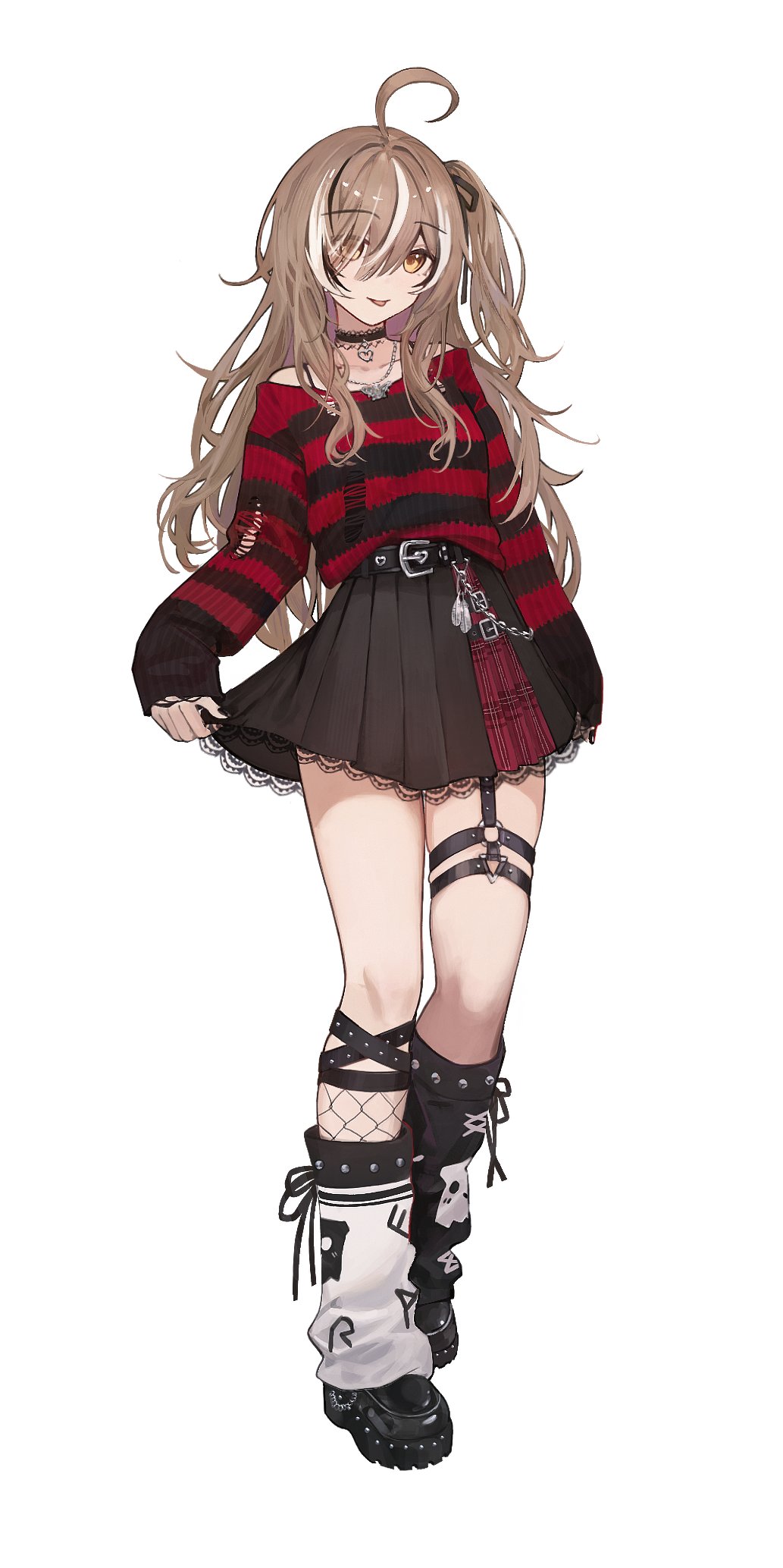 1girl, asymmetrical_legwear, baggy_socks, black_choker, black_footwear, black_hair, black_nails, black_skirt