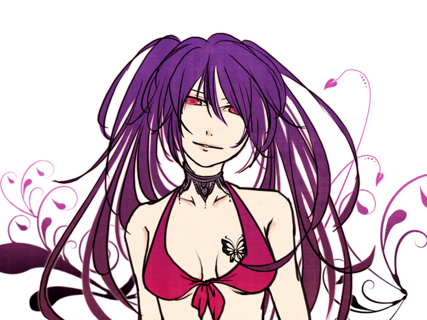 bikini, bust, choker, eh?_aa,_sou._(vocaloid), halter_neck, hatsune_miku, purple_hair, red_eyes