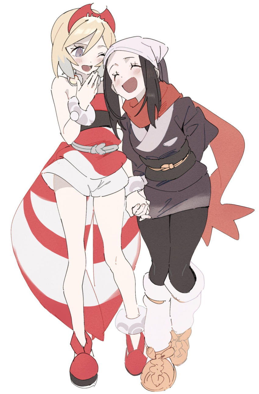 2girls, akari_(pokemon), bare_shoulders, bezquomvjq49661, black_hair, black_leggings, blonde_hair, blush