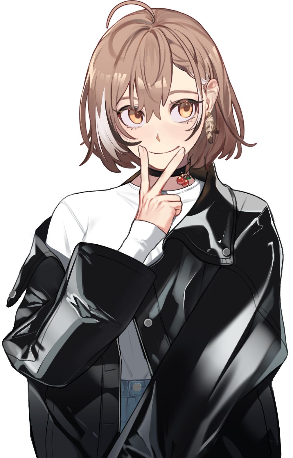 1girl, ahoge, alternate_costume, berry, braid, braided_bangs, brown_eyes, brown_hair