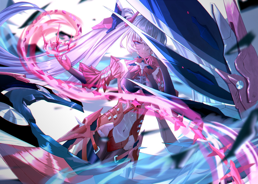 1girl, absurdres, black_bodysuit, black_gloves, black_pantyhose, bodysuit, cross-shaped_pupils, detached_sleeves, elbow_gloves, gloves, grey_hair, headgear, highres, hong_hua_yin_hua, long_hair, luna:_oblivion_(punishing:_gray_raven), luna_(punishing:_gray_raven), mechanical_wings, midriff, navel, pantyhose, punishing:_gray_raven, red_eyes, red_gloves, red_sleeves, sidelocks, single_wing, solo, symbol-shaped_pupils, twintails, two-tone_gloves, wings