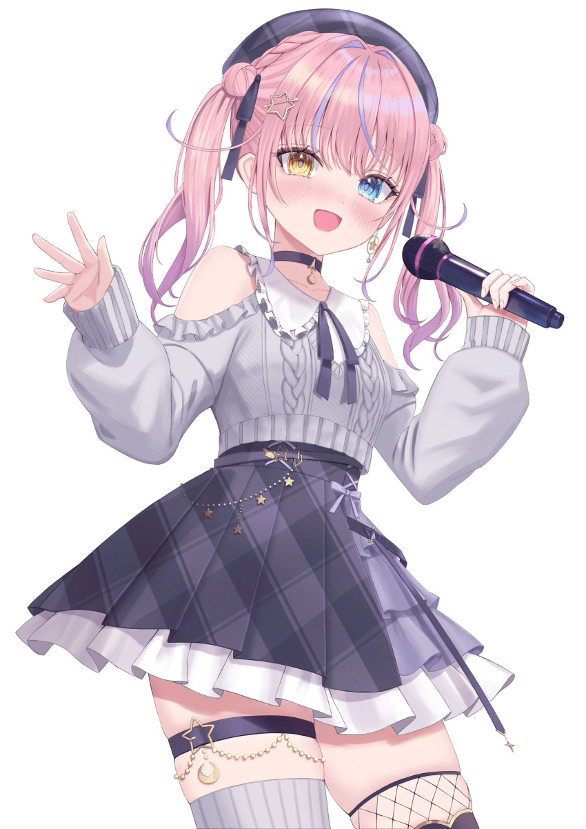 1girl, ara1e, asymmetrical_legwear, bare_shoulders, beret, blouse, blue_eyes, blush