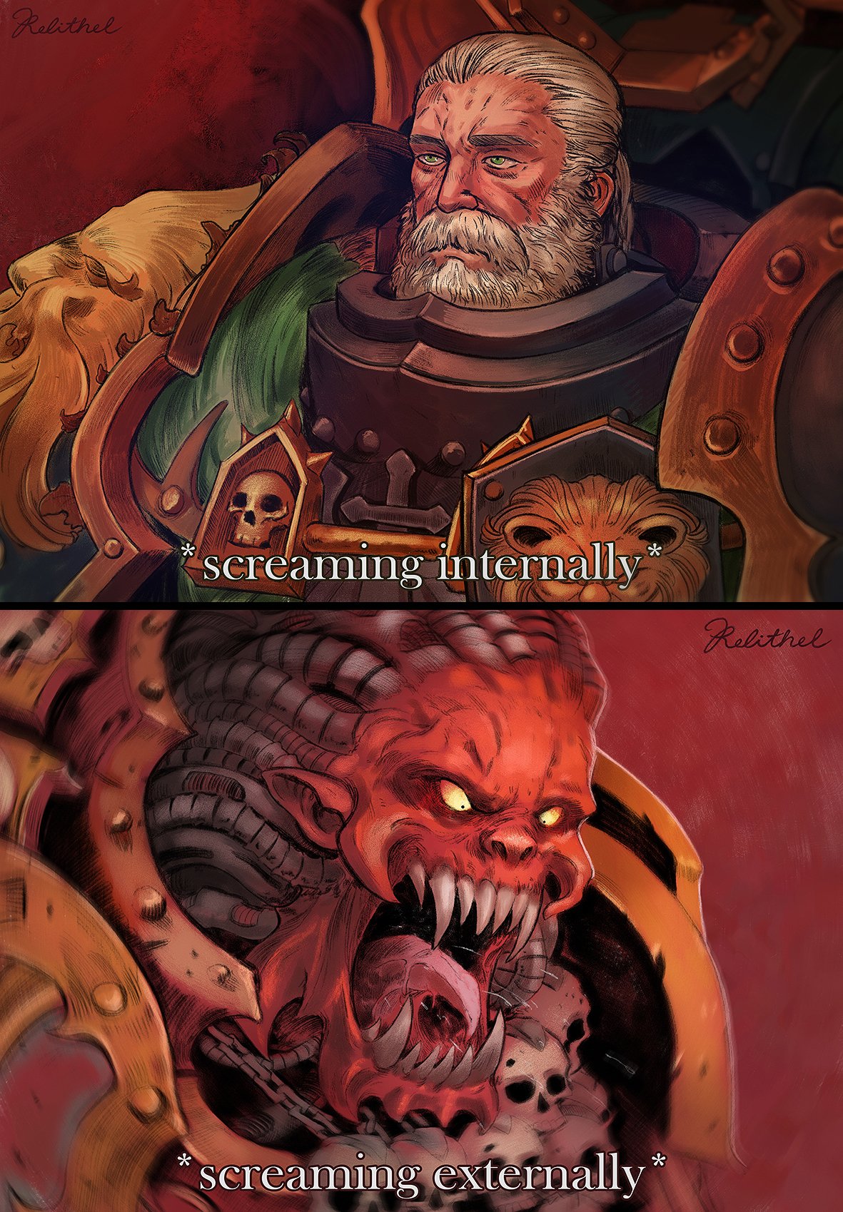 2boys, angron, armor, artist_name, beard, brothers, chain, chaos_(warhammer), closed_mouth, colored_skin, commentary, dark_angels, demon, english_text, facial_hair, green_eyes, grey_hair, highres, lion_el'jonson, lion_head_(ornament), multiple_boys, mustache, old, old_man, open_mouth, pointy_ears, power_armor, red_eyes, red_skin, relithel, sharp_teeth, short_hair, shoulder_armor, siblings, skull, skull_ornament, teeth, tongue, tube, warhammer_40k, world_eaters
