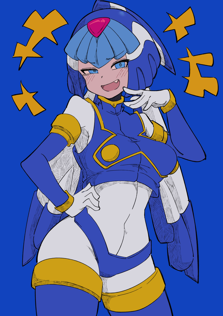 1girl, absurdres, android, blue_background, blue_eyes, blue_helmet, breasts, buzzlyears