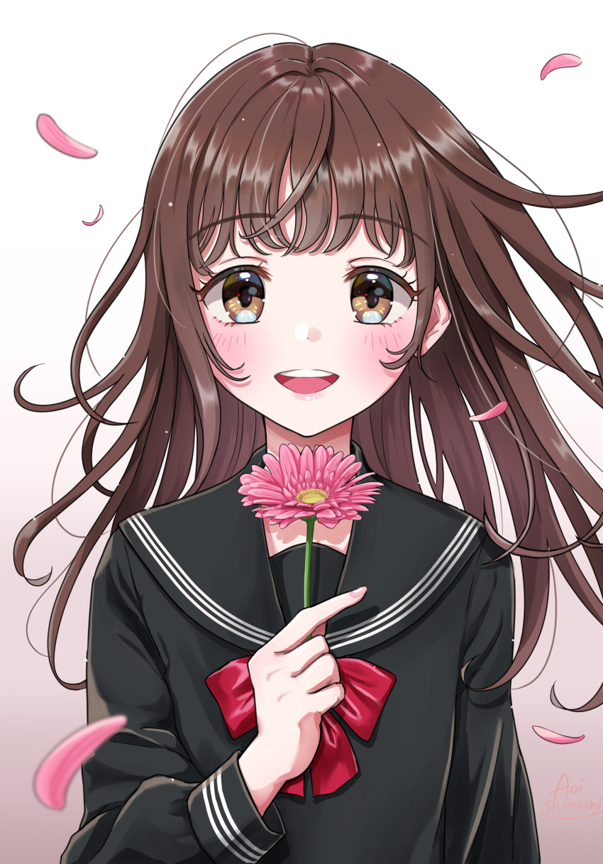 1girl, absurdres, blush, bow, brown_eyes, brown_hair, floating_hair, flower
