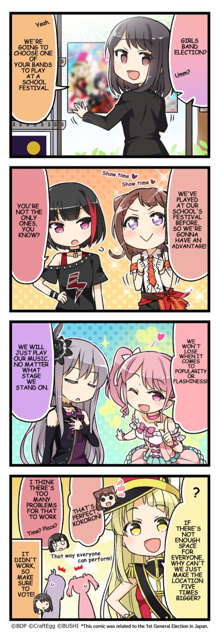 4koma, 6+girls, ?, bang_dream!, blush, comic, english_text, heart