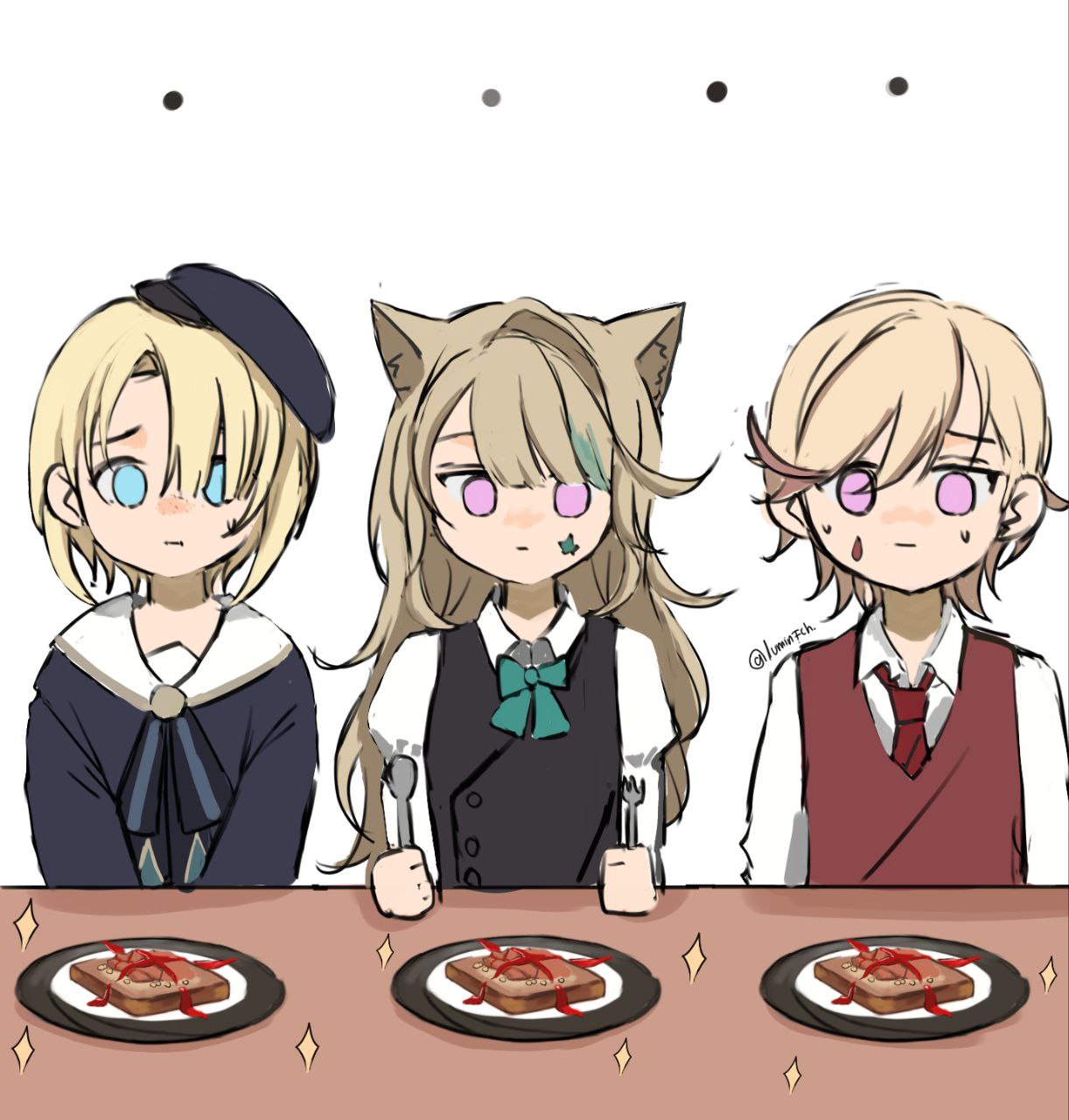 ..., 1girl, 2boys, animal_ears, black_hat, blonde_hair, blue_eyes, bow, bowtie, bread, bread_slice, brown_hair, brown_vest, cat_ears, collared_shirt, commentary, english_commentary, food, fork, freminet_(genshin_impact), genshin_impact, green_bow, green_bowtie, highres, holding, holding_fork, holding_spoon, juliet_sleeves, long_hair, long_sleeves, luminfch, lynette_(genshin_impact), lyney_(genshin_impact), multiple_boys, necktie, pink_eyes, puffy_sleeves, red_necktie, shirt, siblings, simple_background, sparkle, spoon, table, toast, twitter_username, vest, white_background, white_shirt