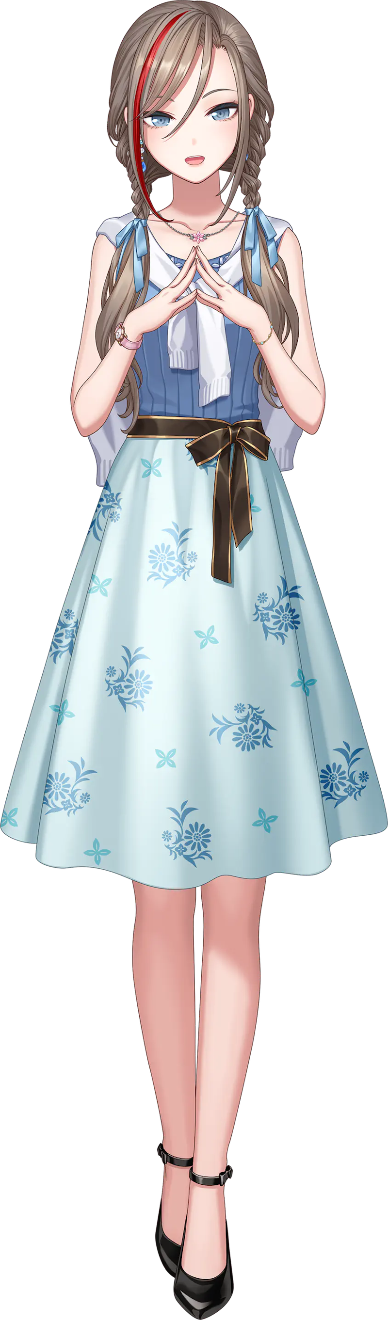 1girl, absurdres, anklet, black_footwear, black_sash, blue_eyes, blue_shirt, blue_skirt