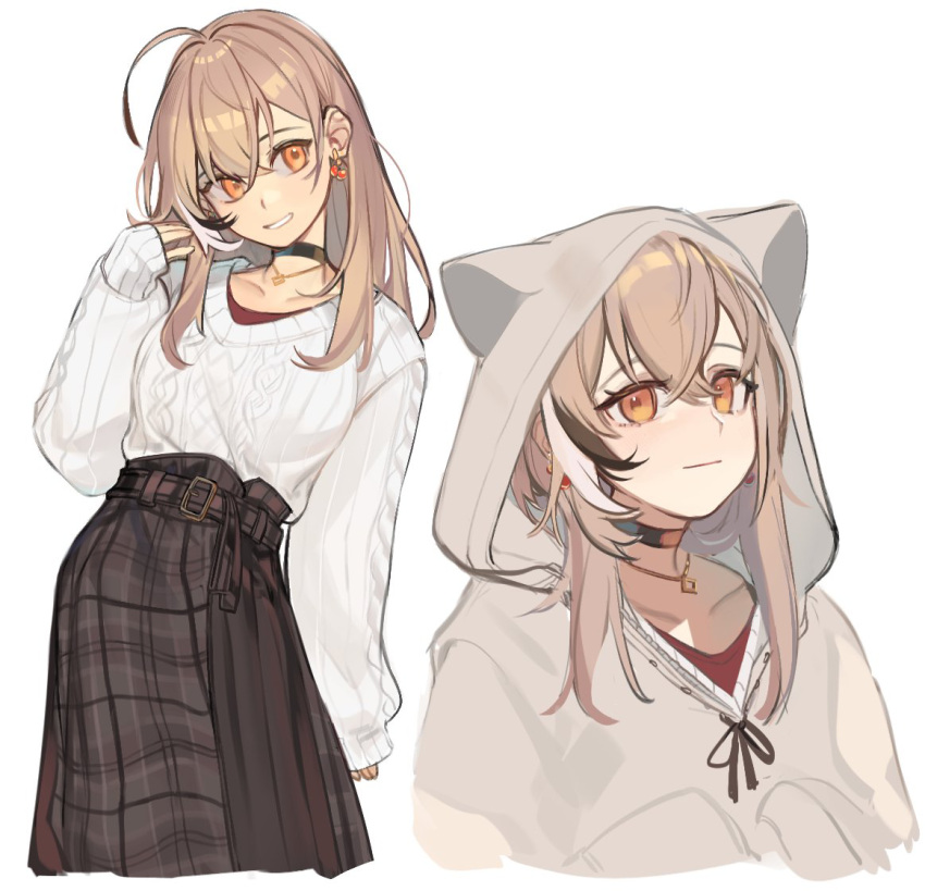 1girl, ahoge, animal_hood, belt, belt_buckle, berry, brown_eyes, brown_hair