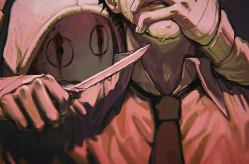 2boys, absurdres, aiming, bandaged_hand, bandages, black_hair, black_necktie, blurry