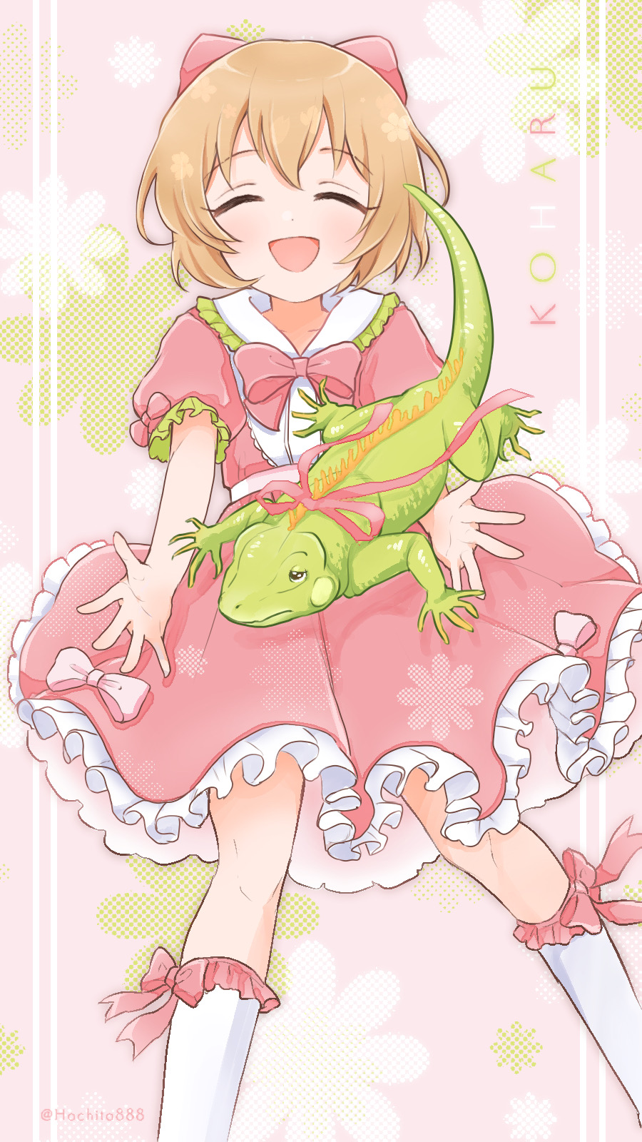 1girl, blush, bow, bowtie, brown_hair, character_name, closed_eyes, collarbone