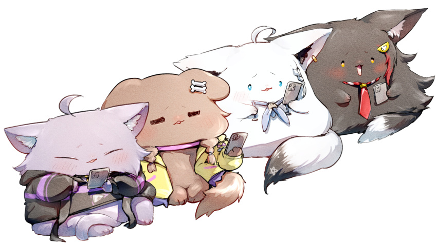 4girls, ahoge, animal_ear_fluff, animal_ears, animalization, blue_neckerchief, bone_hair_ornament, cat_ears, cat_girl, cat_tail, cellphone, chibi, dog_ears, dog_girl, dog_tail, ear_piercing, fox_ears, fox_girl, fox_tail, grey_jacket, hair_ornament, highres, holding, holding_phone, hololive, hololive_gamers, ikayaki_(ikayaki4), inugami_korone, inugami_korone_(dog), jacket, long_sleeves, multiple_girls, neckerchief, necktie, nekomata_okayu, nekomata_okayu_(cat), ookami_mio, ookami_mio_(wolf), open_mouth, phone, piercing, red_necktie, shirakami_fubuki, shirakami_fubuki_(fox), smartphone, tail, virtual_youtuber, wolf_ears, wolf_girl, wolf_tail, yellow_jacket