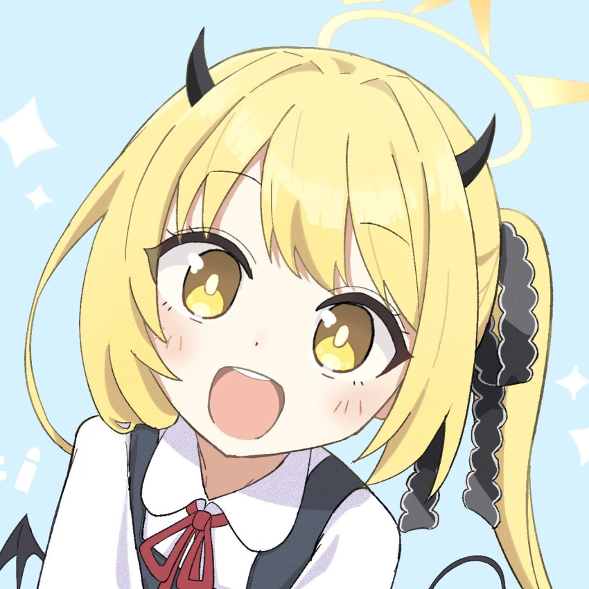 1girl, black_dress, black_horns, black_tail, blonde_hair, blue_archive, blue_background, blush