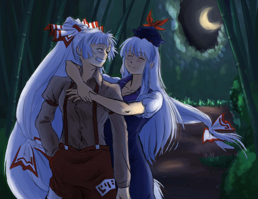 2girls, absurdres, arms_around_neck, backlighting, bamboo, bamboo_forest, big_hair, blue_dress