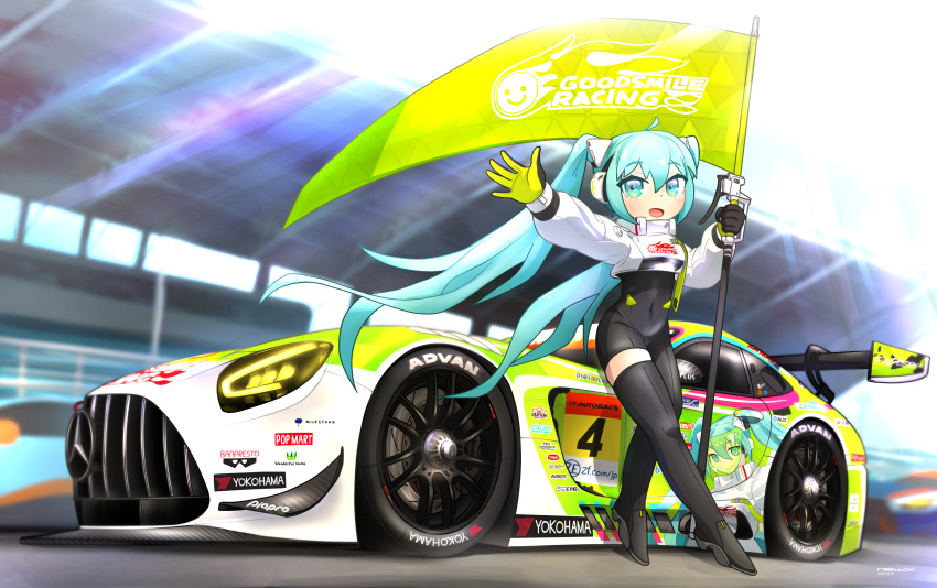 1girl, advan, black_bodysuit, black_footwear, black_gloves, blue_eyes, blue_hair, blush, bodysuit, boots, breasts, car, covered_navel, cropped_jacket, enkei, flag, gloves, goodsmile_racing, green_gloves, hatsune_miku, highres, holding, holding_flag, itasha, jacket, long_hair, medium_breasts, mercedes-benz, mercedes-benz_amg_gt, motor_vehicle, open_mouth, piapro, race_vehicle, racecar, racequeen, racing_miku, racing_miku_(2022), reatbox, shadow, single_thigh_boot, solo, spoiler_(automobile), sponsor, super_gt, thigh_boots, twintails, two-tone_gloves, vehicle_focus, very_long_hair, vocaloid, waving, white_jacket, yokohama_tire