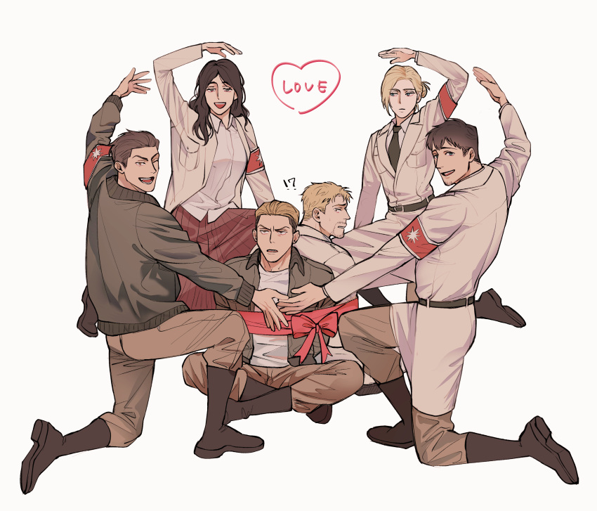 !?, 2girls, 4boys, :d, ;d, absurdres, annie_leonhart, arm_up