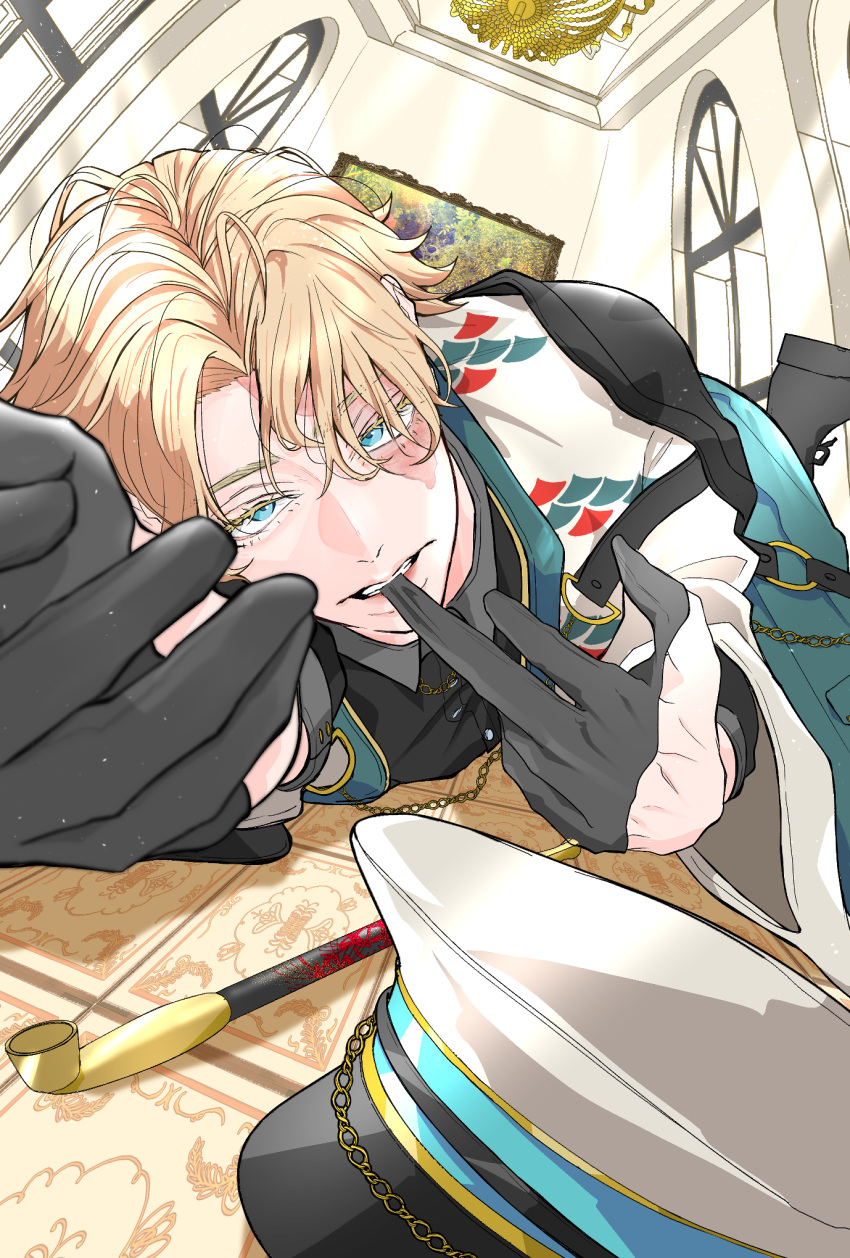 1boy, biting, black_gloves, black_jacket, black_vest, blonde_hair, blue_eyes, burn_scar, ceiling, chain, collared_shirt, female_pov, franz0224, glove_biting, glove_pull, gloves, grey_shirt, half_gloves, hat, highres, inui_seishu, jacket, light_rays, lying, male_focus, on_floor, on_stomach, parted_bangs, parted_lips, pov, reaching, reaching_towards_viewer, scar, scar_on_face, shirt, short_hair, smoking_pipe, solo, teeth, tokyo_revengers, vest, witch_hat
