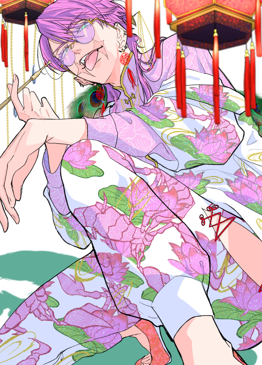 1boy, arm_on_knee, arm_rest, chinese_clothes, chinese_lantern_(plant), collared_shirt, down_jacket, ear_piercing