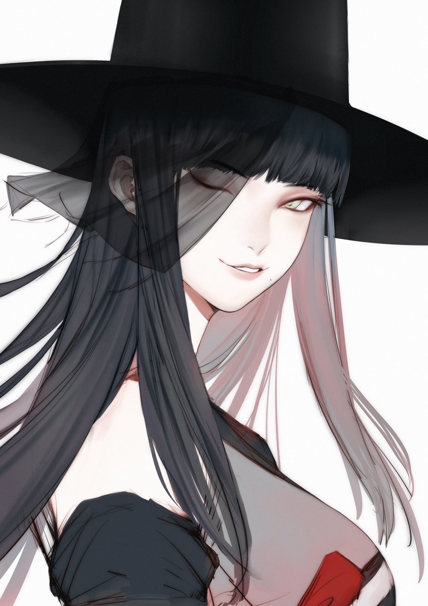 1girl, alternate_costume, bad_id, bad_twitter_id, black_hair, black_hat, blunt_bangs, chinese_commentary, commentary_request, final_fantasy, final_fantasy_xiv, from_side, green_eyes, hat, highres, hyur, long_hair, looking_at_viewer, mole, mole_under_mouth, one_eye_closed, parted_lips, portrait, simple_background, smile, solo, straight_hair, top_hat, unfinished, veil, white_background, yotsuyu_goe_brutus, zhaoyang2002
