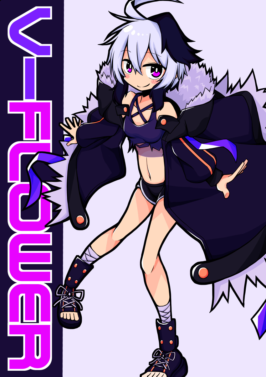 1girl, absurdres, ahoge, bandaged_leg, bandages, black_footwear, black_shorts, blush_stickers