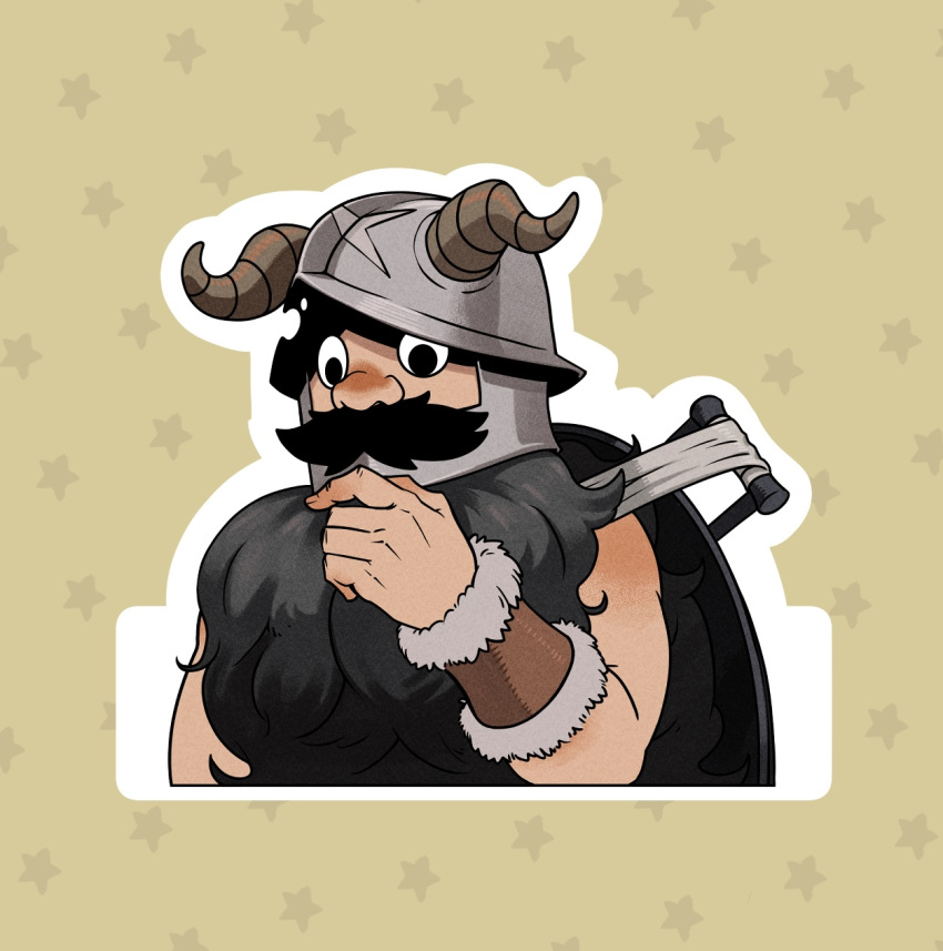1boy, beard, brown_hair, cropped_torso, dungeon_meshi, dwarf, facial_hair, fake_horns, hand_on_own_chin, helmet, highres, holding, holding_behind_back, horned_helmet, horns, inkarat, long_beard, male_focus, outline, senshi_(dungeon_meshi), solo, stroking_own_chin, thick_mustache, thinking, very_long_beard, white_outline, wok