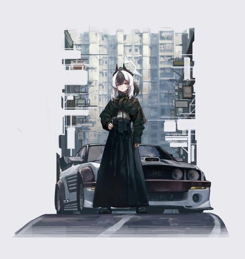 1girl, absurdres, black_footwear, black_hair, black_jacket, blue_archive, boots, car, chinese_commentary, commission, cropped_jacket, crossover, english_commentary, ford, ford_mustang, ford_mustang_s197, frown, grey_shirt, halo, head_tilt, highres, hong_kong, horns, jacket, kayoko_(blue_archive), long_skirt, looking_at_viewer, mixed-language_commentary, motor_vehicle, multicolored_hair, muscle_car, need_for_speed, need_for_speed:_most_wanted_(2005), pixiv_commission, shirt, skirt, sleeves_past_wrists, solo, spoiler_(automobile), streaked_hair, taru_kira, violet_eyes, white_hair