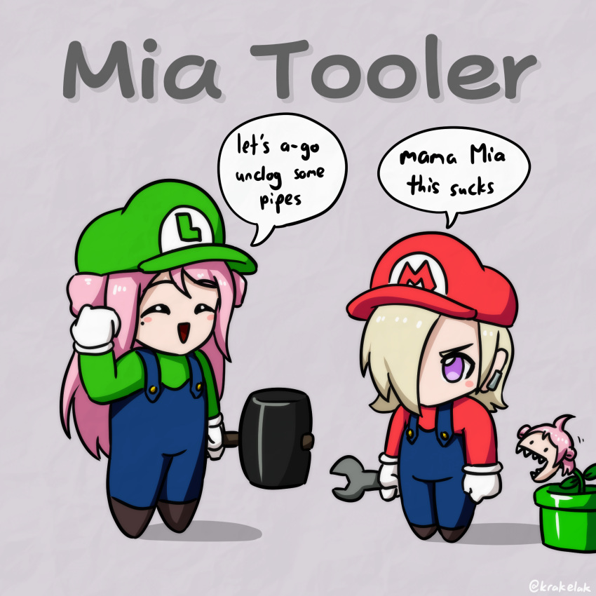 2girls, ahoge, blonde_hair, blue_overalls, blush_stickers, chibi, chibi_only, clenched_hand