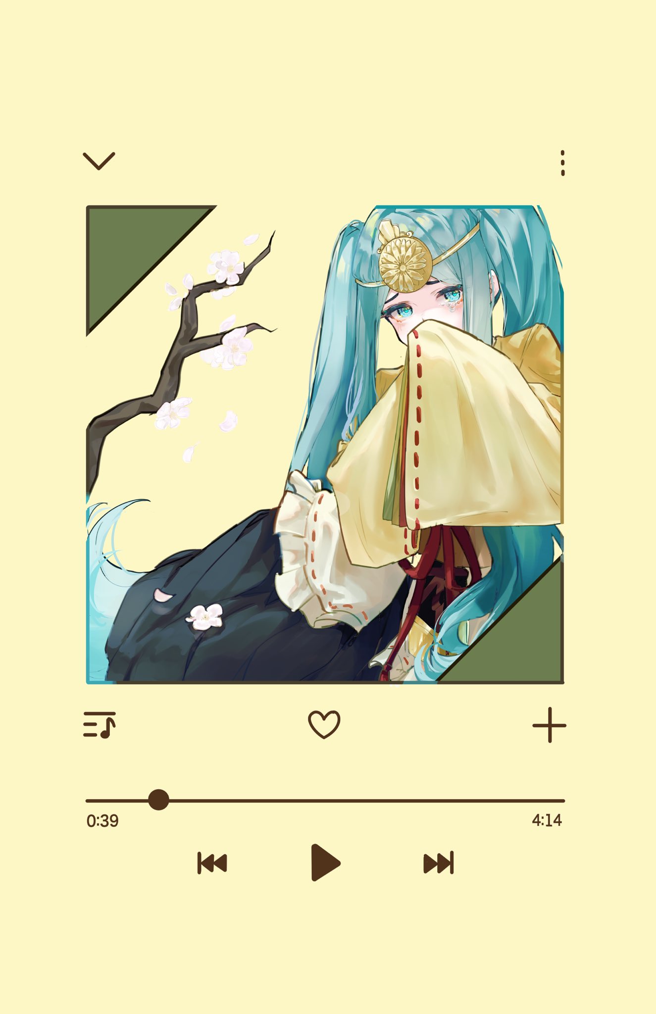 1girl, aqua_eyes, aqua_hair, branch, buttons, cherry_blossoms, commentary, covering_own_mouth