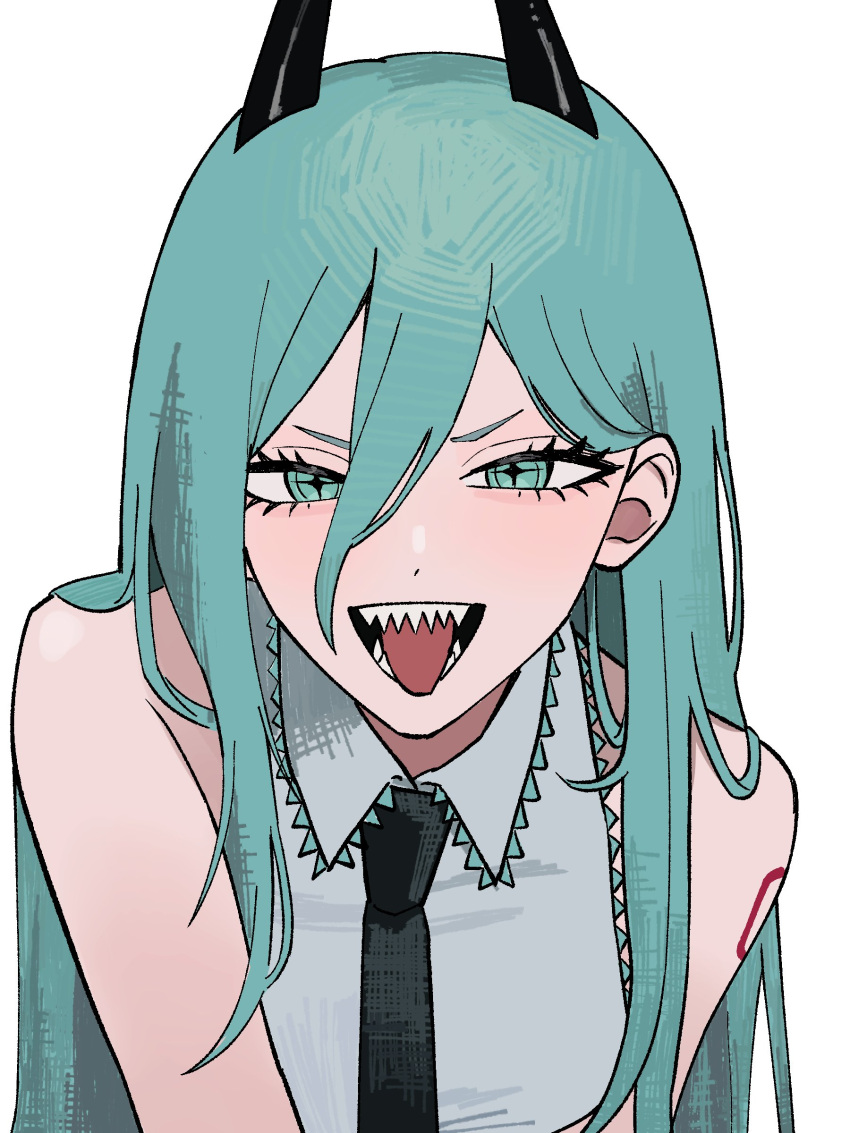 1girl, absurdres, aqua_eyes, aqua_hair, black_horns, black_necktie, chainsaw_man, commentary