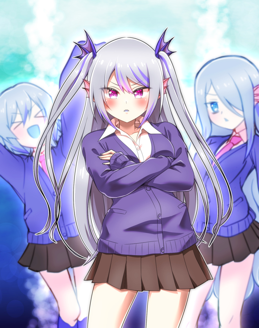 >_<, 3girls, :d, alternate_costume, blue_eyes, blush, cowboy_shot, crossed_arms