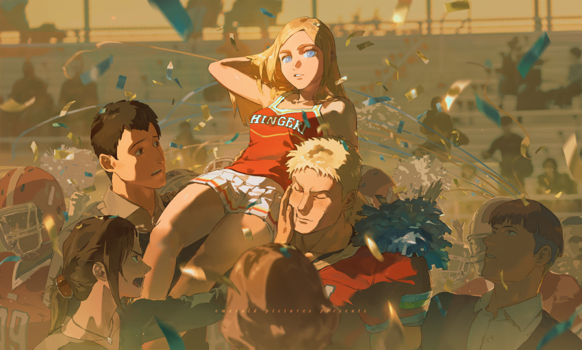 american_football_helmet, american_football_uniform, bertolt_hoover, black_hair, blonde_hair, blue_eyes, blurry, blurry_background