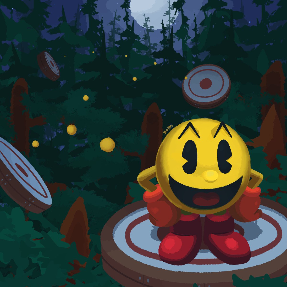 1boy, boots, colored_skin, forest, full_moon, gloves, highres, itisdoibs, looking_at_viewer, moon, nature, no_humans, open_mouth, orange_gloves, pac-dot, pac-man, pac-man_(game), red_footwear, star_(sky), tongue, trampoline, tree, twitter_username, yellow_skin