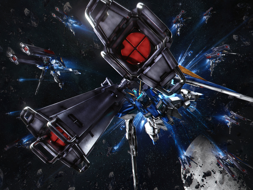 absurdres, assault_visor, asteroid, beam_rifle, energy_gun, exhaust, flying, foreshortening