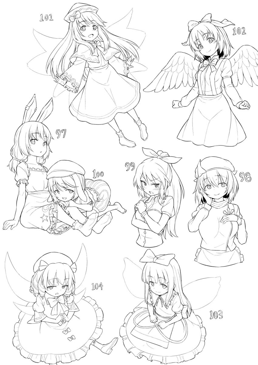 6+girls, animal_ears, barefoot, bow, bowtie, capelet, commentary_request, crescent_print