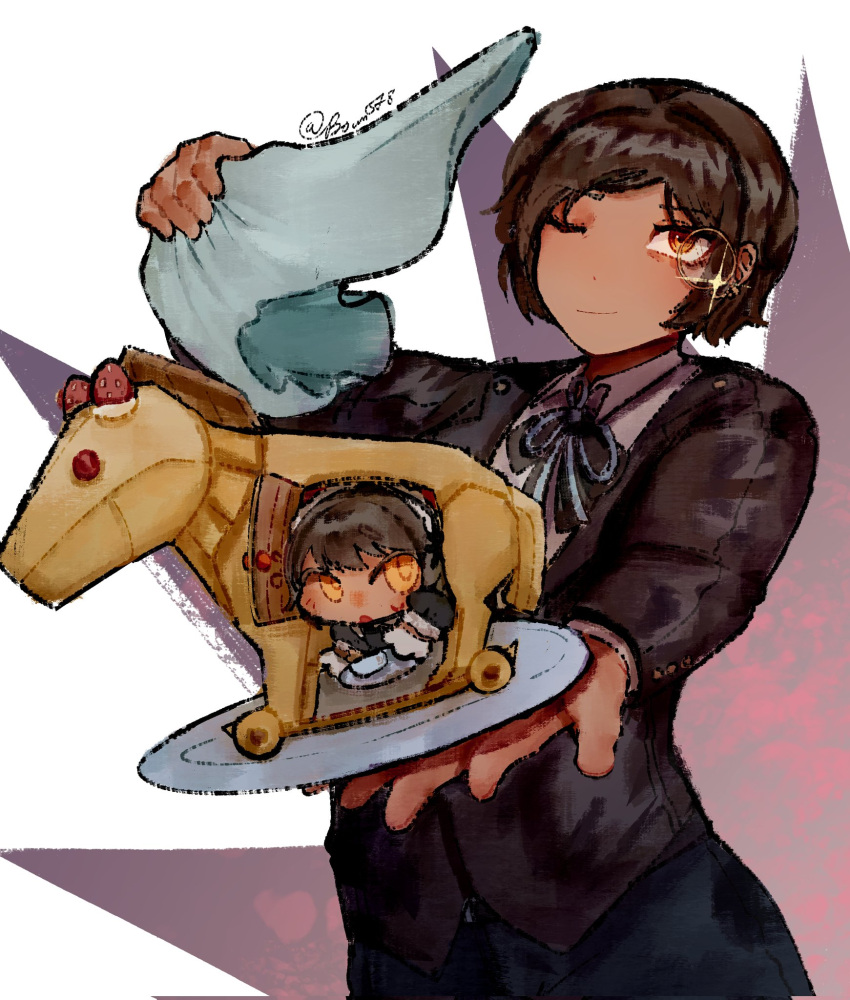 2girls, animal-themed_food, boun578, brown_eyes, brown_hair, butler, cake, collared_shirt