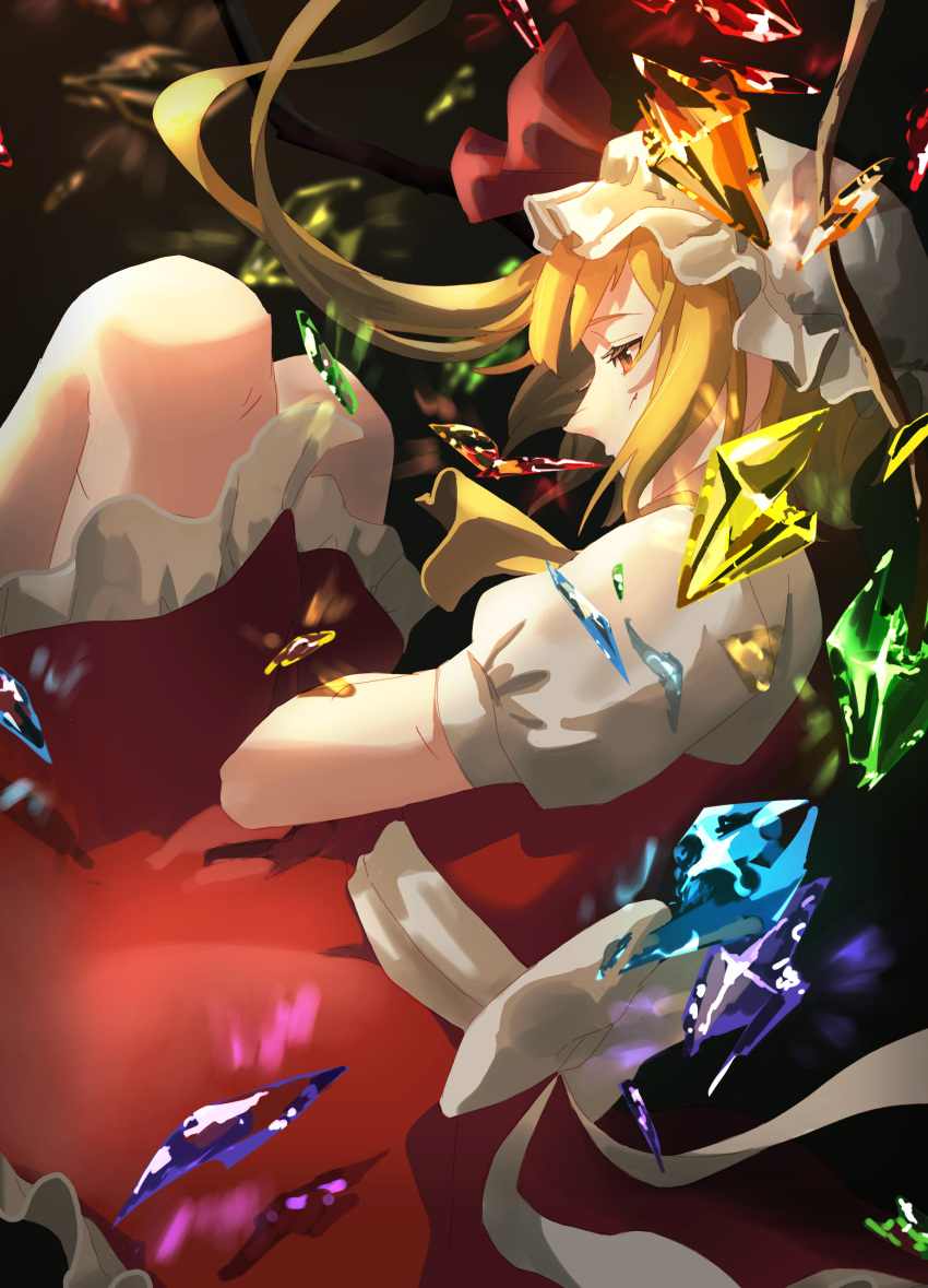 1girl, absurdres, ascot, blonde_hair, crystal_wings, dress, falling, flandre_scarlet
