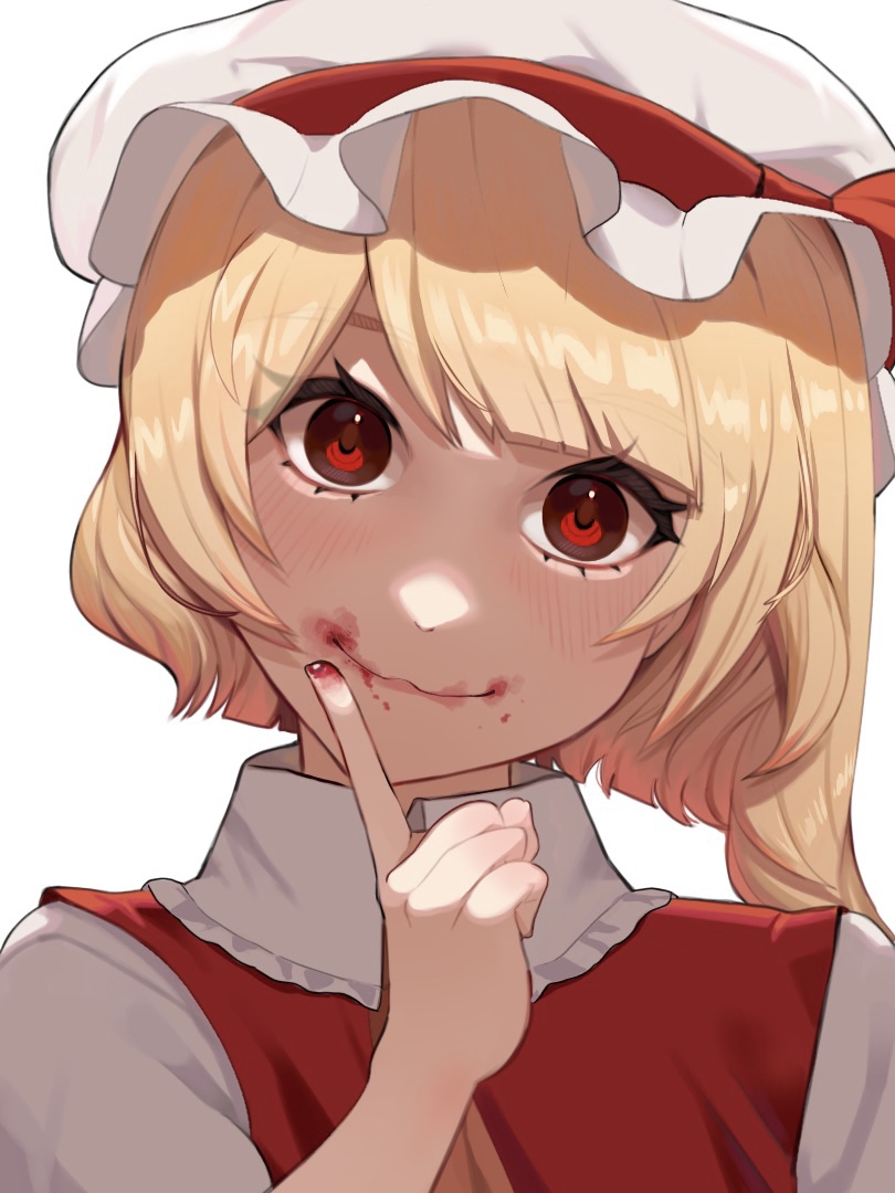 1girl, blonde_hair, blood_on_mouth, flandre_scarlet, hamadain_000, hand_up, hat, looking_at_viewer