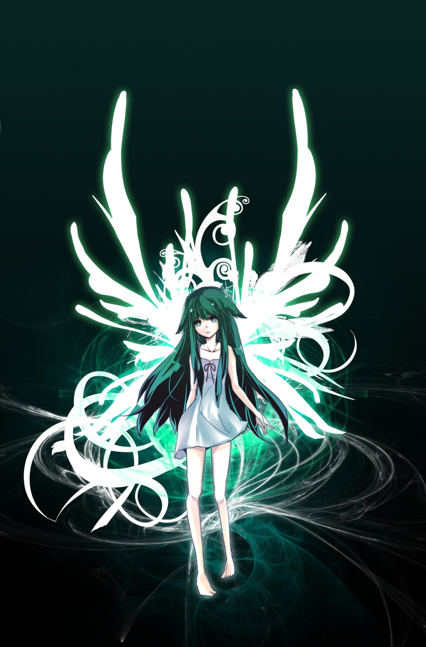 aqua_eyes, barefoot, dress, flat_chest, highres, long_hair, rita_(artist), saya