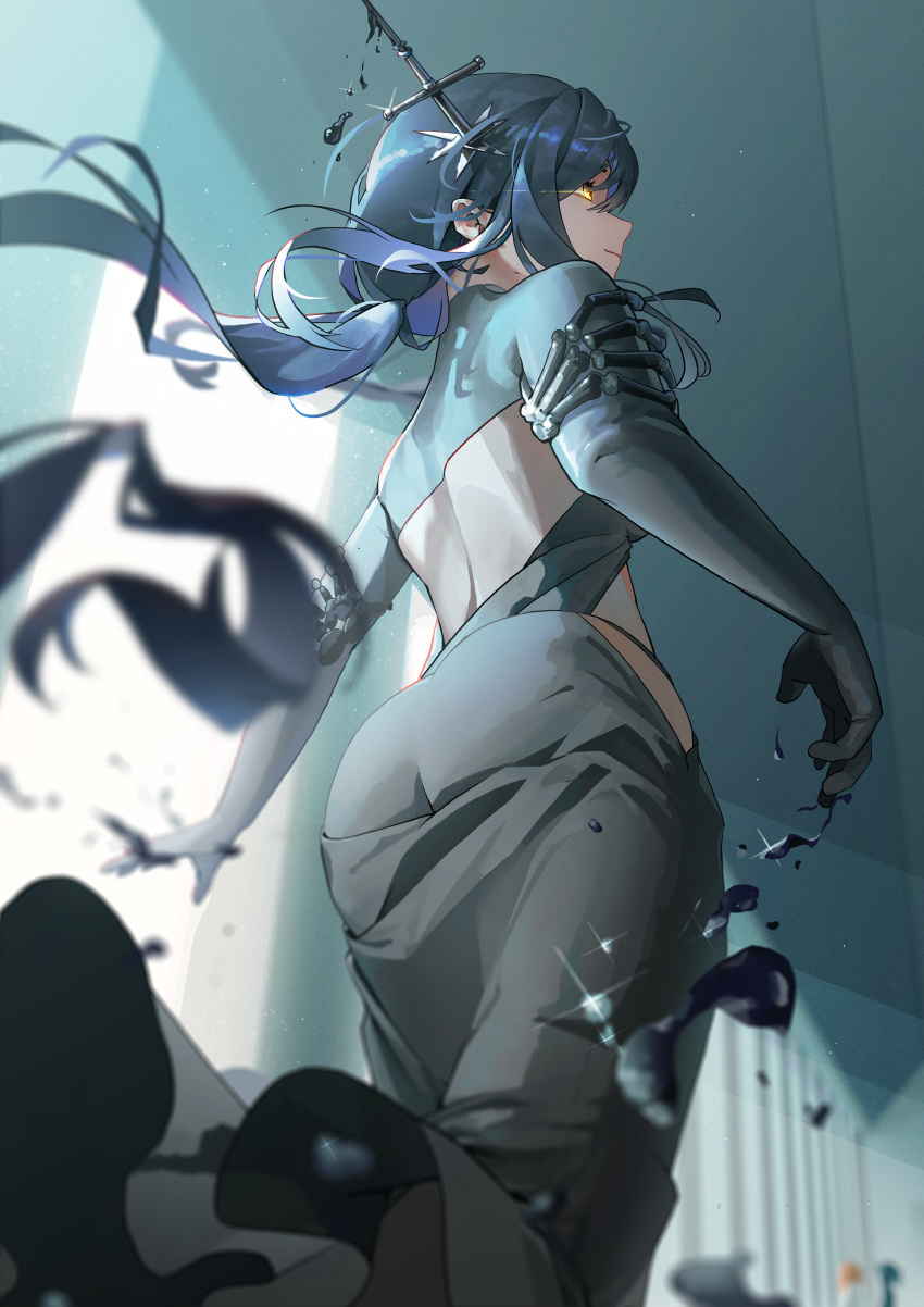 1girl, absurdres, arcana_(reverse:1999), ass, back_cutout, black_blood, black_dress, black_liquid