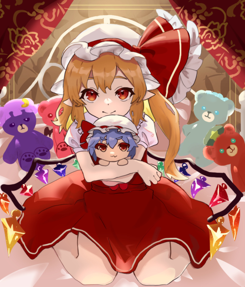 1girl, bedroom, blonde_hair, character_doll, crystal_wings, dress, flandre_scarlet, hat