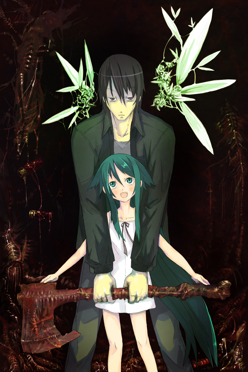 axe, black_hair, dress, fang, green_hair, happy, height_difference, highres