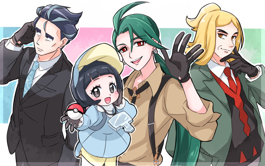 2boys, 2girls, :d, absurdres, ahoge, black_gloves, black_hair, black_jacket