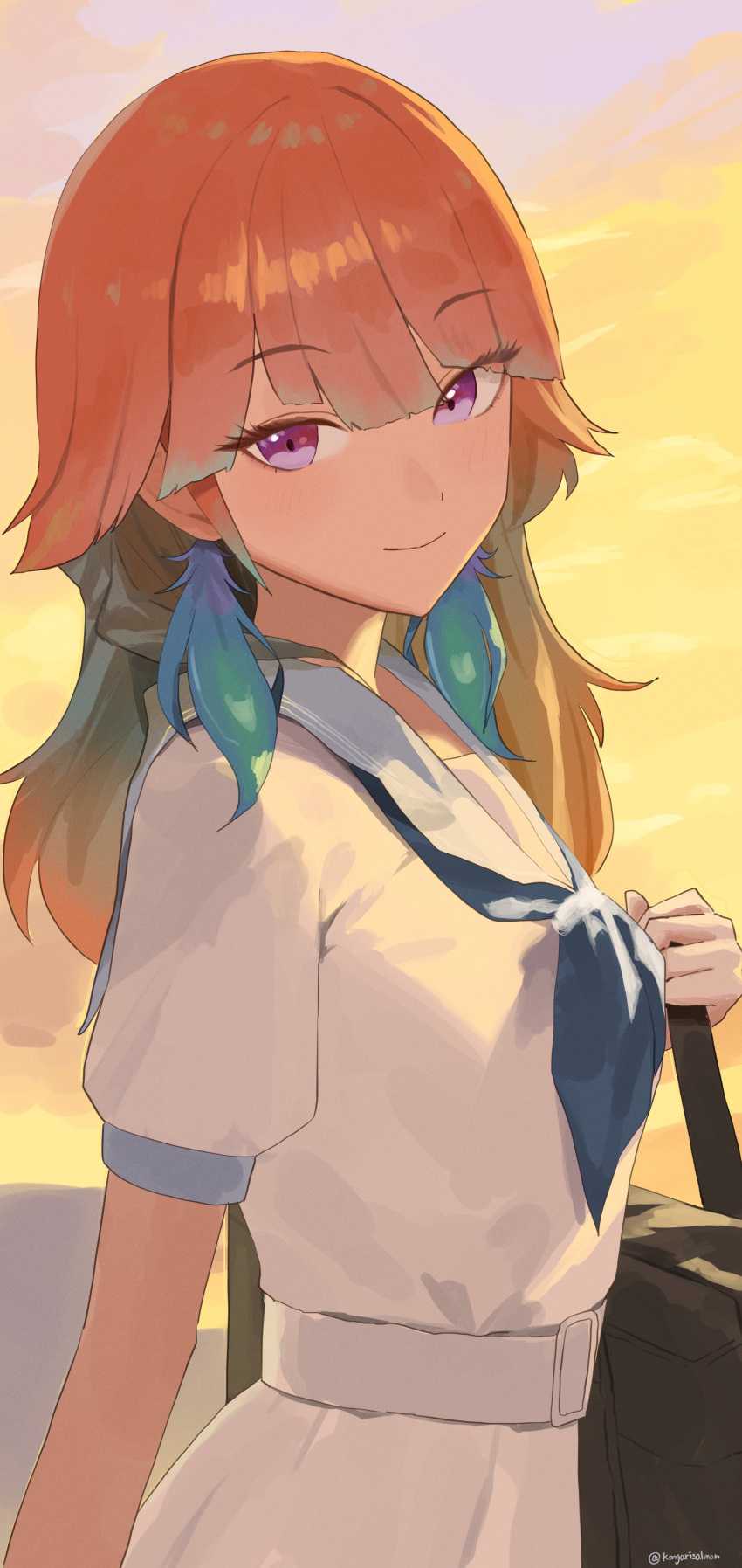 1girl, absurdres, aqua_sailor_collar, belt, blue_neckerchief, earrings, feather_earrings, feathers, gradient_hair, highres, holohoneygaoka_high_school_uniform, holohoneygaoka_koukou, hololive, hololive_english, jewelry, kongarisalmon, light_smile, looking_at_viewer, multicolored_hair, neckerchief, official_alternate_costume, orange_hair, sailor_collar, school_uniform, serafuku, solo, takanashi_kiara, violet_eyes, virtual_youtuber, white_belt, white_serafuku