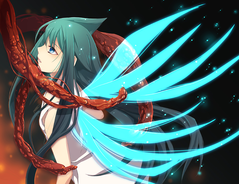 dress, flat_chest, green_hair, hirose_azumi, long_hair, saya, saya_no_uta, solo