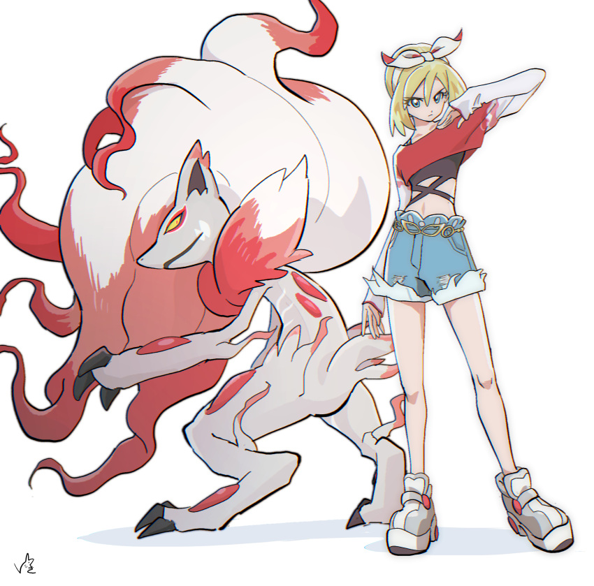 1girl, animal_ears, blonde_hair, blue_eyes, claws, colored_sclera, denim, denim_shorts