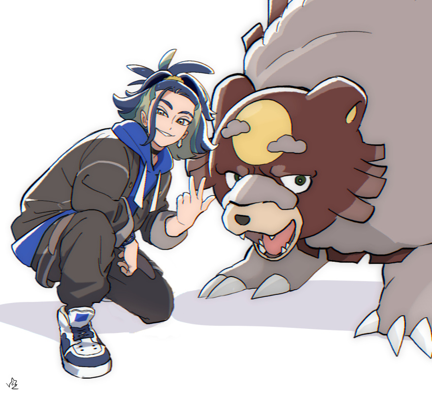 1boy, adaman_(pokemon), adaman_(special_costume)_(pokemon), animal_ears, bear_ears, black_choker, blue_hair, blue_hoodie