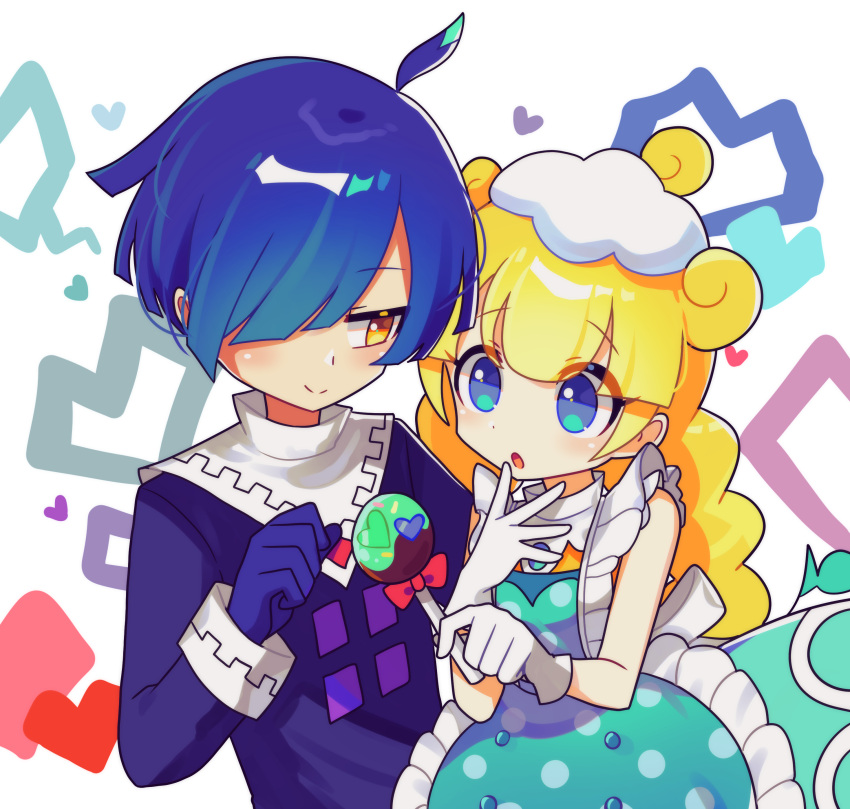 1boy, 1girl, absurdres, ahoge, black_gloves, blonde_hair, blue_eyes, blue_hair