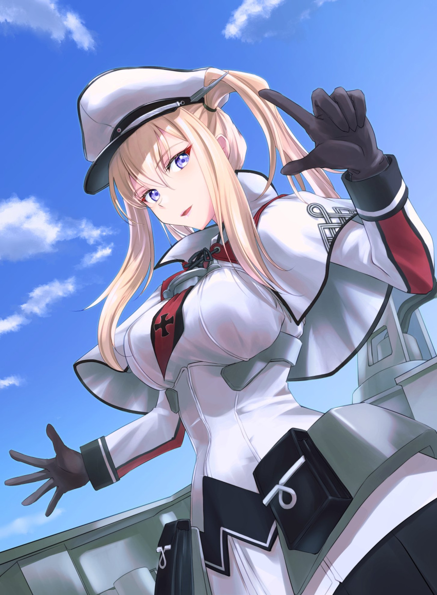 1girl, black_gloves, blonde_hair, blue_eyes, blush, breasts, capelet, clouds
