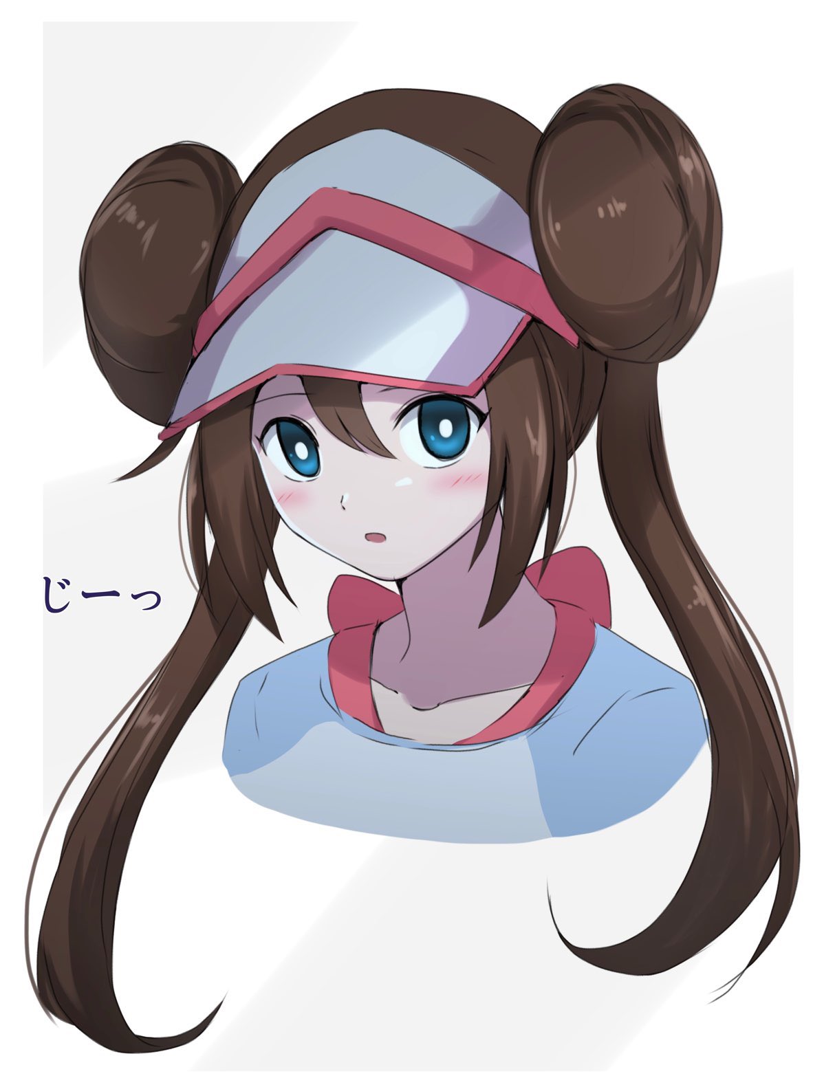 1girl, :o, aqua_eyes, blush, border, bright_pupils, brown_hair, collarbone, commentary_request, double_bun, grey_background, hair_between_eyes, hair_bun, highres, lelie_(lelie_link), long_hair, looking_at_viewer, open_mouth, pokemon, pokemon_bw2, rosa_(pokemon), shirt, solo, twintails, visor_cap, white_border, white_pupils